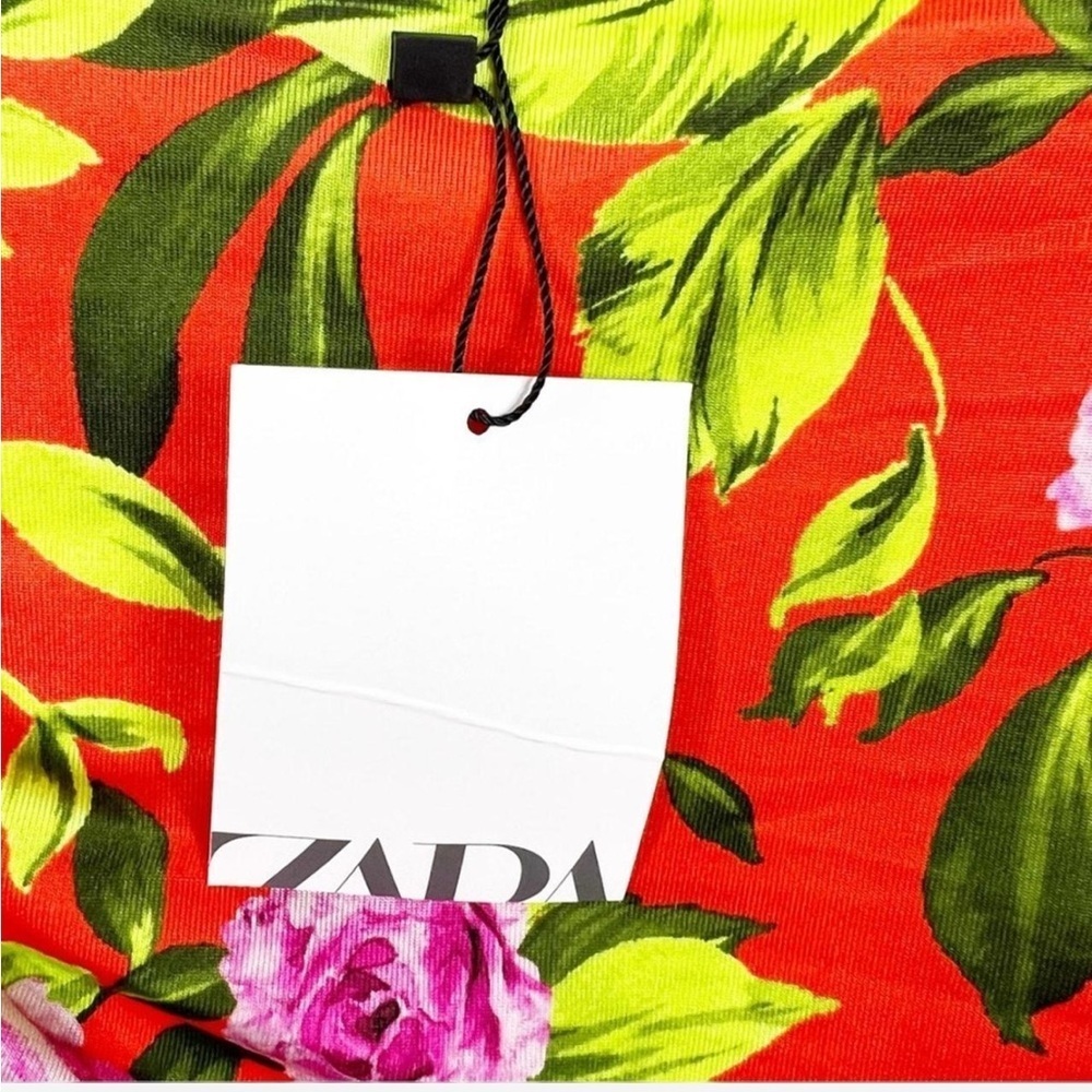 Zara Floral Ruched Draped Bodysuit Red Orange V-Neck Sleeveless Women’s Small - Picture 9 of 9